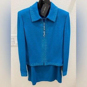 St. John Evening by Marie Gray 2pc Teal Blue Embellished Jacket with solid skirt